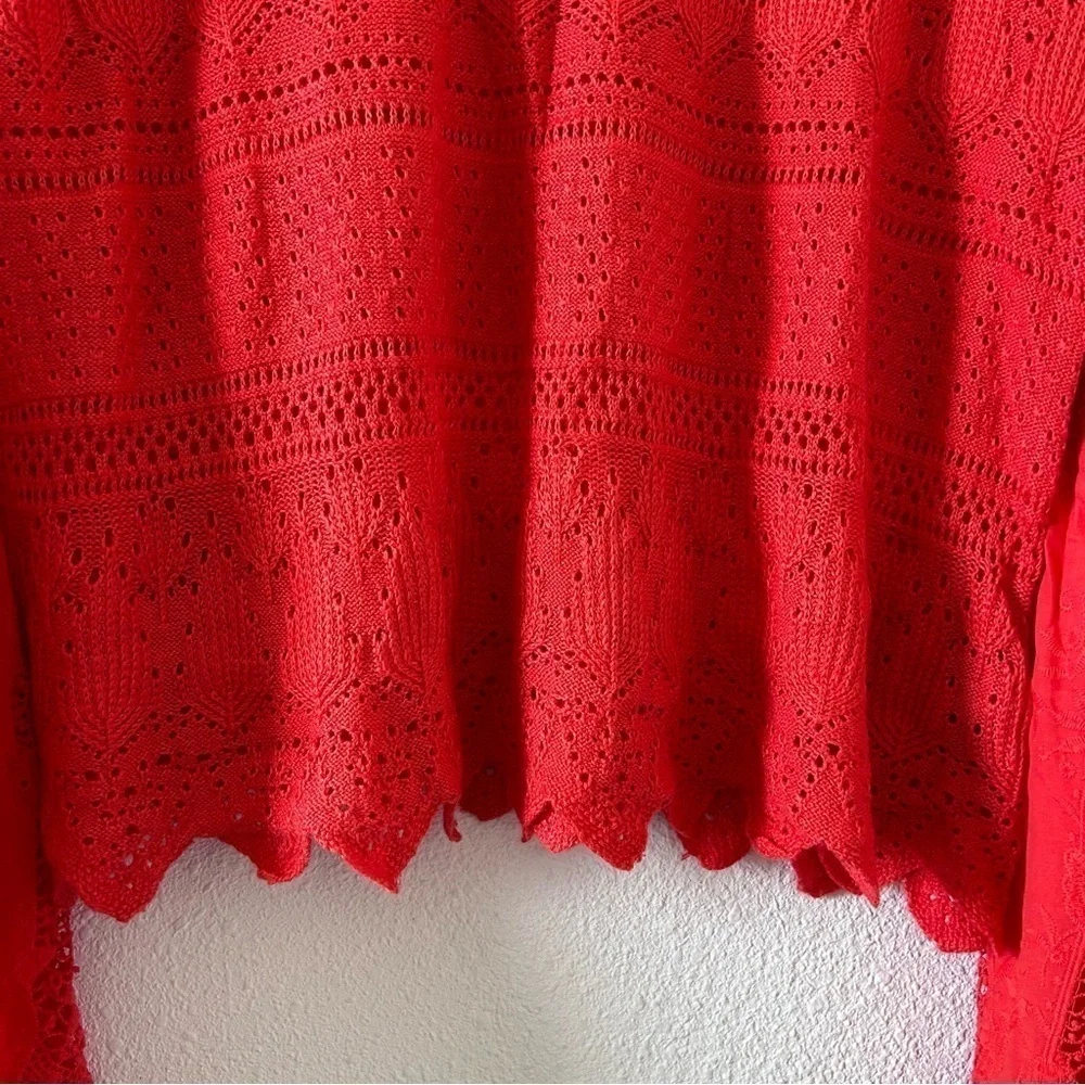 Free People Knit Crochet Eyelet Flare Sleeve Linen Blend Top Women Medium Orange